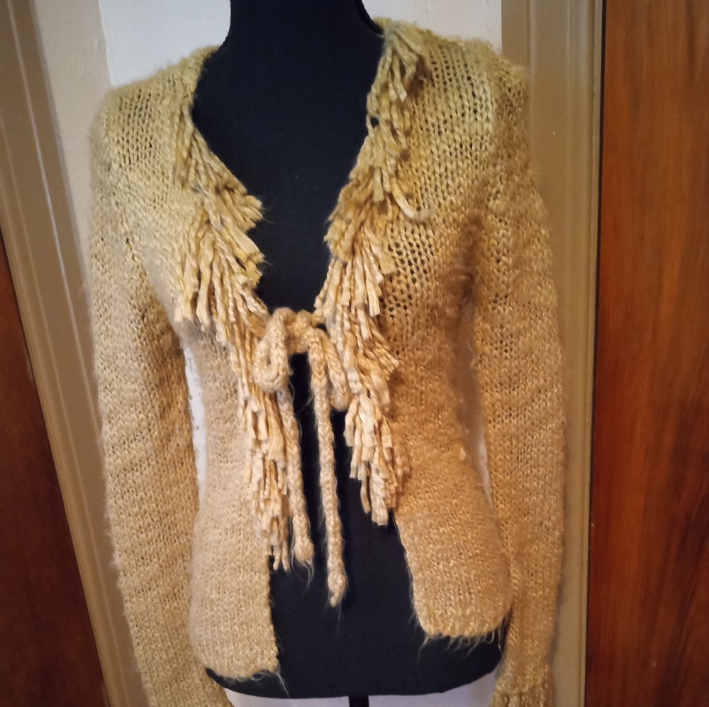 American Attitudes Tan Fringed Sweater Size Small